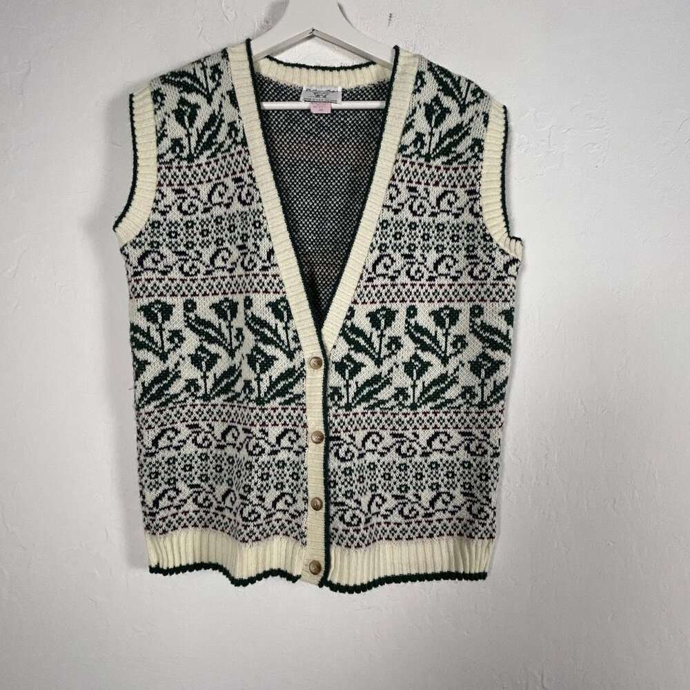 Vintage College Point Button Up Knit Sweater Vest Large Floral Fair Isle Green